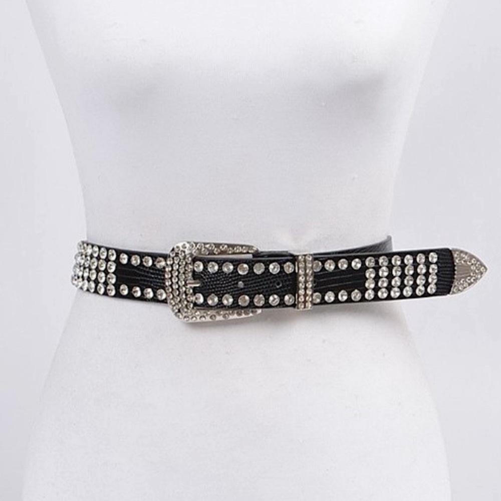 Black Crystal Studded Belt with Silver Buckle - Picture 2 of 5